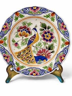 Polychrome Delft Hand-Painted Peacock Floral Decorative Plate - Multicolor